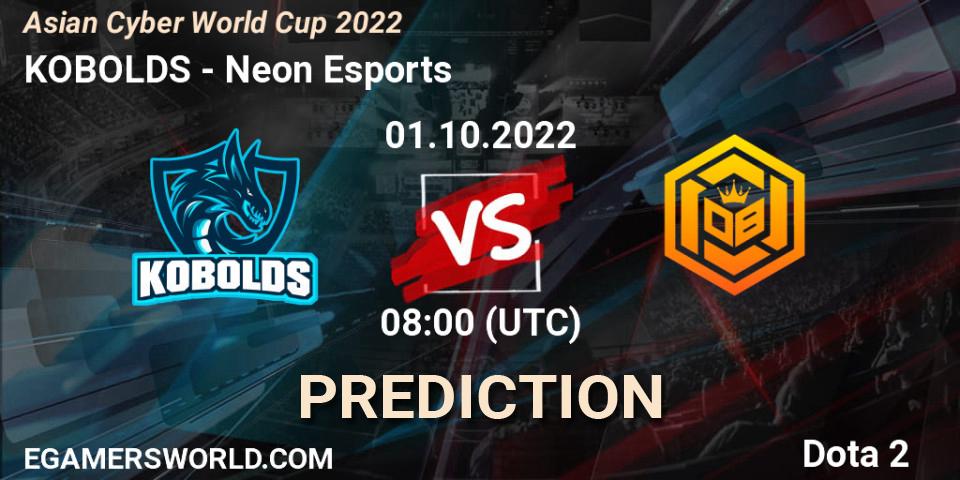 KOBOLDS vs Neon Esports: Betting TIp, Match Prediction. 01.10.2022 at 09:11. Dota 2, Asian Cyber World Cup 2022