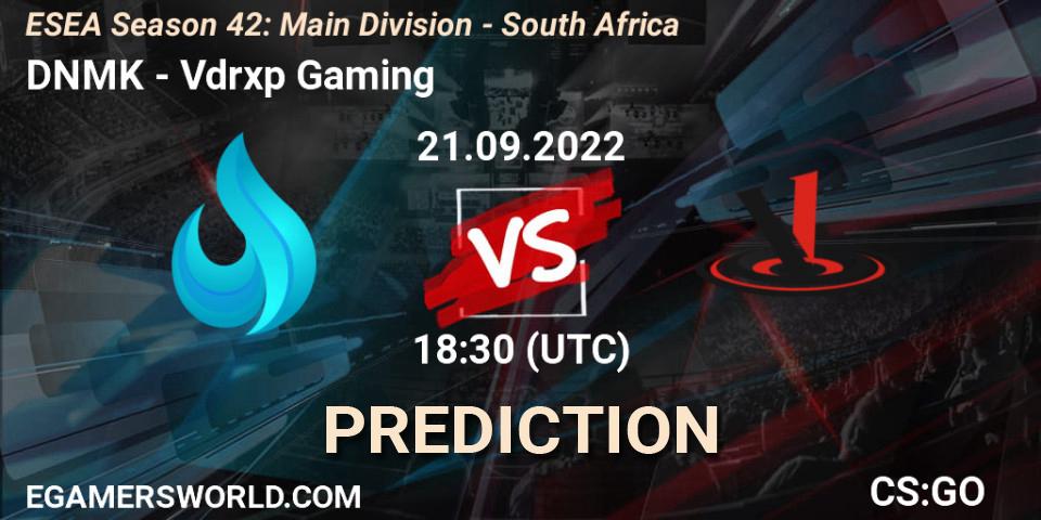 DNMK vs Vdrxp Gaming: Betting TIp, Match Prediction. 22.09.2022 at 18:00. Counter-Strike (CS2), ESEA Season 42: Main Division - South Africa