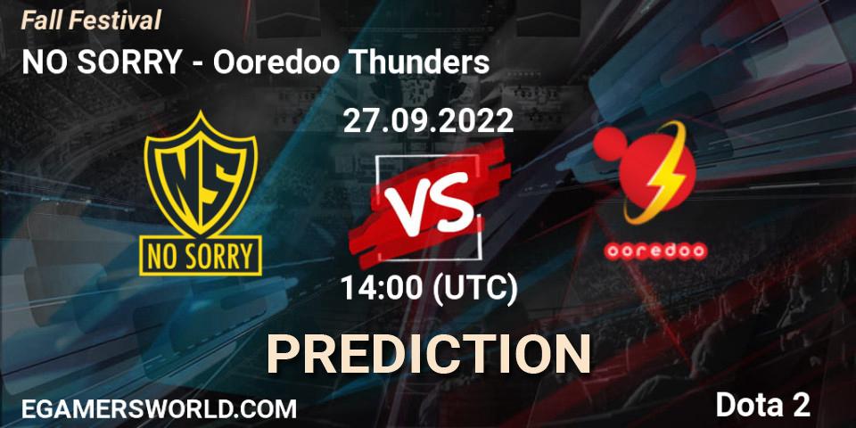 NO SORRY vs Ooredoo Thunders: Betting TIp, Match Prediction. 27.09.2022 at 14:08. Dota 2, Fall Festival