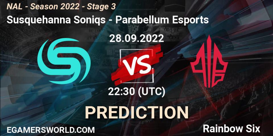Susquehanna Soniqs vs Parabellum Esports: Betting TIp, Match Prediction. 28.09.2022 at 22:30. Rainbow Six, NAL - Season 2022 - Stage 3