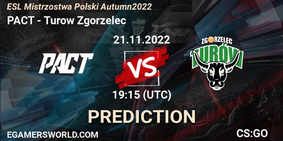 PACT vs Turow Zgorzelec: Betting TIp, Match Prediction. 21.11.2022 at 19:15. Counter-Strike (CS2), ESL Mistrzostwa Polski Autumn 2022