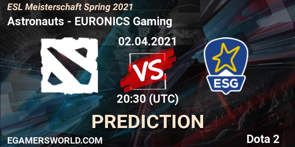 Astronauts vs EURONICS Gaming: Betting TIp, Match Prediction. 02.04.2021 at 20:48. Dota 2, ESL Meisterschaft Spring 2021