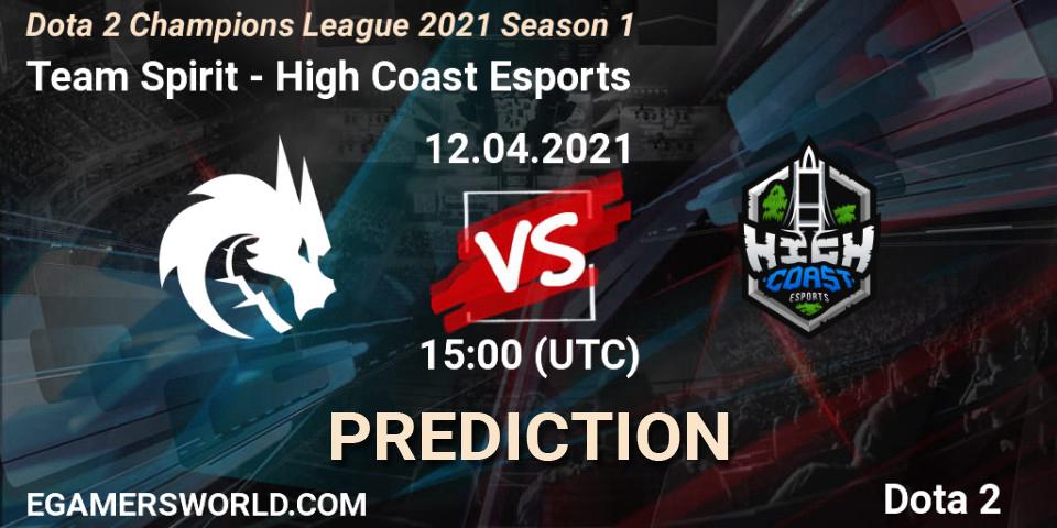 Team Spirit vs High Coast Esports: Betting TIp, Match Prediction. 12.04.2021 at 12:04. Dota 2, Dota 2 Champions League 2021 Season 1