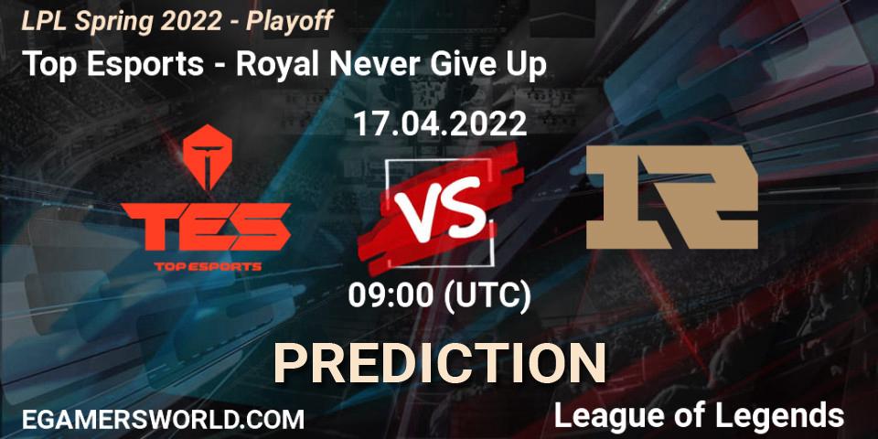 Top Esports vs Royal Never Give Up: Betting TIp, Match Prediction. 17.04.2022 at 09:00. LoL, LPL Spring 2022 - Playoff