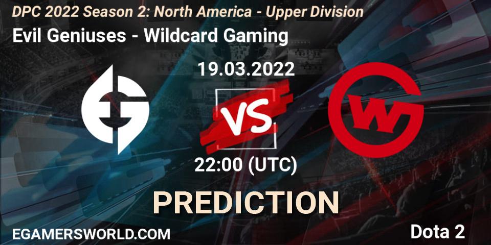 Evil Geniuses vs Wildcard Gaming: Betting TIp, Match Prediction. 19.03.2022 at 22:56. Dota 2, DPC 2021/2022 Tour 2 (Season 2): NA Division I (Upper) - ESL One Spring 2022