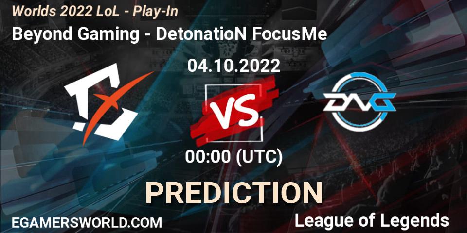 Beyond Gaming vs DetonatioN FocusMe: Betting TIp, Match Prediction. 01.10.2022 at 22:00. LoL, Worlds 2022 LoL - Play-In