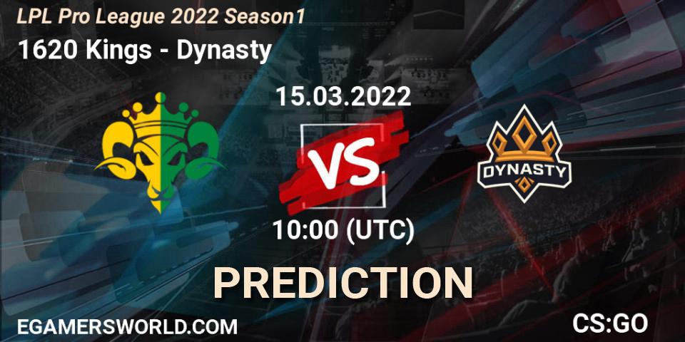 1620 Kings vs Dynasty: Betting TIp, Match Prediction. 15.03.2022 at 07:30. Counter-Strike (CS2), LPL Pro League 2022 Season 1