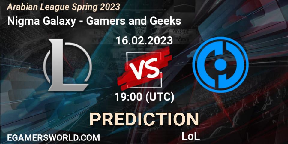 Nigma Galaxy MENA vs Gamers and Geeks: Betting TIp, Match Prediction. 16.02.2023 at 19:00. LoL, Arabian League Spring 2023