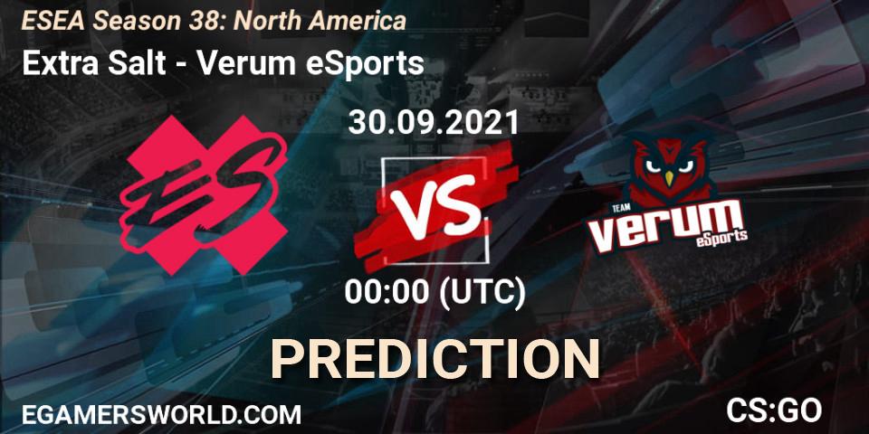Extra Salt vs Verum eSports: Betting TIp, Match Prediction. 30.09.2021 at 00:00. Counter-Strike (CS2), ESEA Season 38: North America 