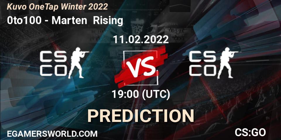 0to100 vs Marten Rising: Betting TIp, Match Prediction. 11.02.2022 at 20:45. Counter-Strike (CS2), Kuvo OneTap Winter 2022