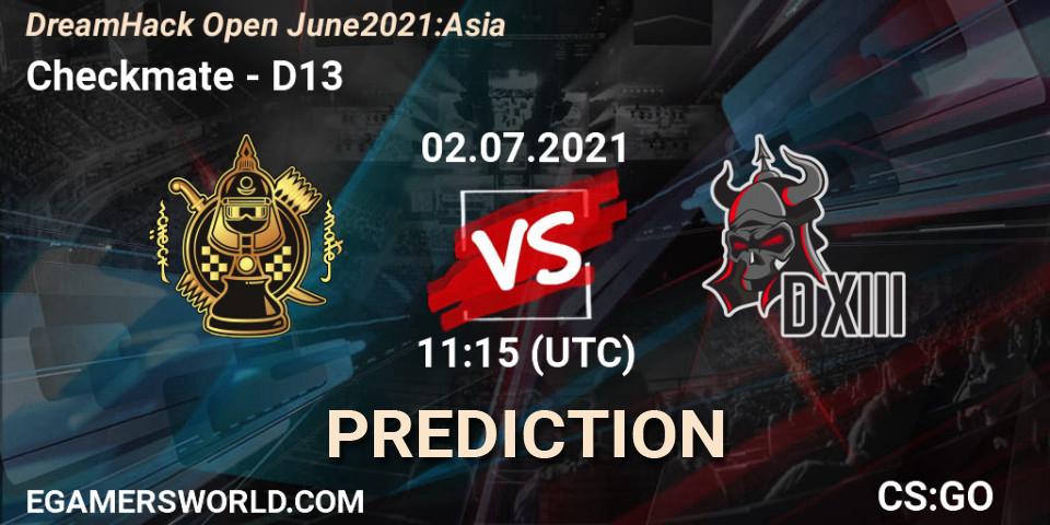 Checkmate vs D13: Betting TIp, Match Prediction. 02.07.2021 at 11:15. Counter-Strike (CS2), DreamHack Open June 2021: Asia