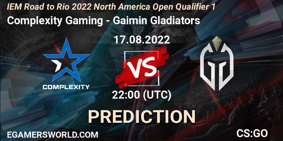 Complexity Gaming vs Gaimin Gladiators: Betting TIp, Match Prediction. 17.08.2022 at 22:00. Counter-Strike (CS2), IEM Road to Rio 2022 North America Open Qualifier 1