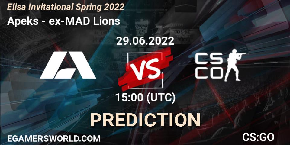 Apeks vs ex-MAD Lions: Betting TIp, Match Prediction. 29.06.2022 at 11:00. Counter-Strike (CS2), Elisa Invitational Spring 2022
