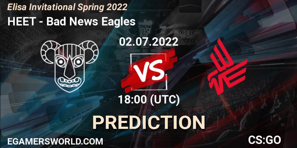 HEET vs Bad News Eagles: Betting TIp, Match Prediction. 02.07.2022 at 18:00. Counter-Strike (CS2), Elisa Invitational Spring 2022