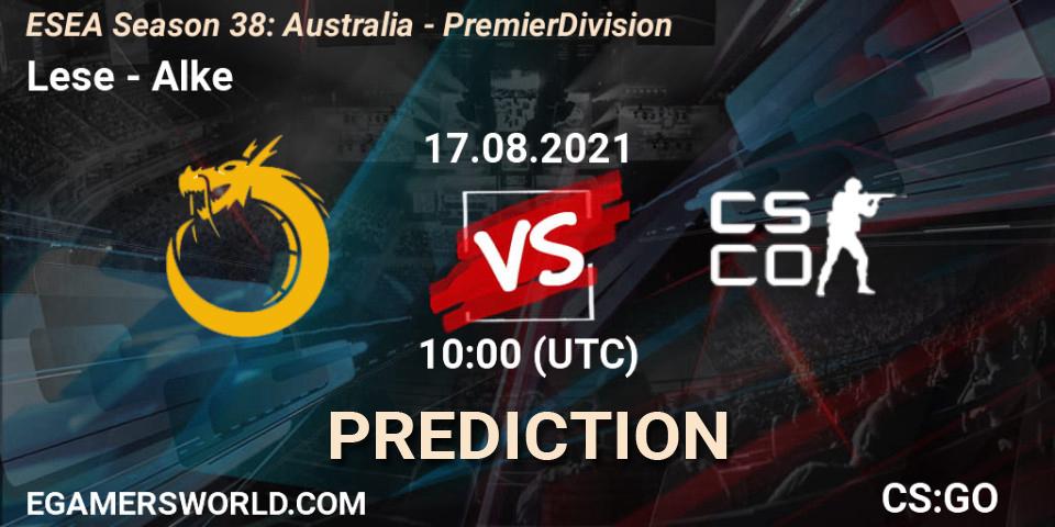 Lese vs Alke: Betting TIp, Match Prediction. 17.08.2021 at 10:00. Counter-Strike (CS2), ESEA Season 38: Australia - Premier Division