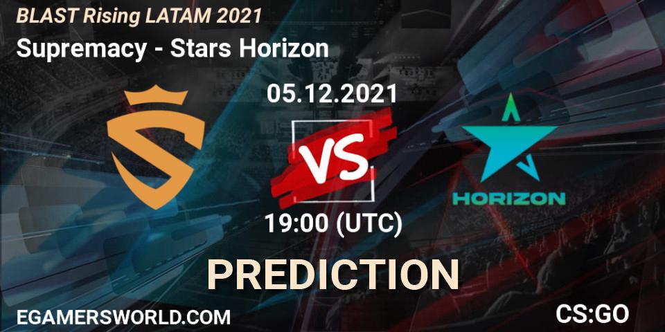 Supremacy vs Stars Horizon: Betting TIp, Match Prediction. 05.12.2021 at 19:05. Counter-Strike (CS2), BLAST Rising LATAM 2021