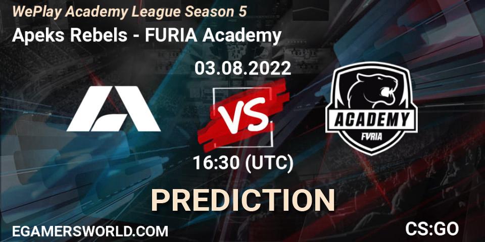 Apeks Rebels vs FURIA Academy: Betting TIp, Match Prediction. 03.08.2022 at 16:30. Counter-Strike (CS2), WePlay Academy League Season 5
