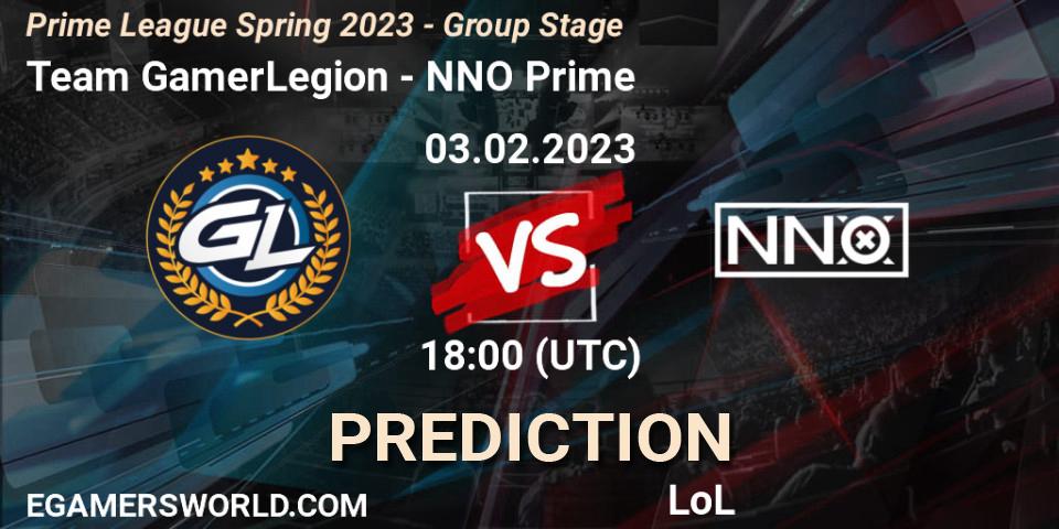 Team GamerLegion vs NNO Prime: Betting TIp, Match Prediction. 03.02.2023 at 20:00. LoL, Prime League Spring 2023 - Group Stage