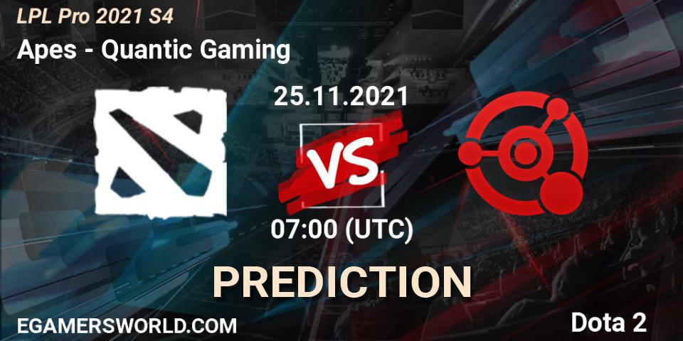 Apes vs Quantic Gaming: Betting TIp, Match Prediction. 25.11.2021 at 07:46. Dota 2, LPL Pro 2021 S4