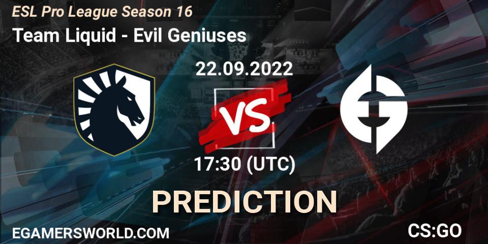 Team Liquid vs Evil Geniuses: Betting TIp, Match Prediction. 22.09.2022 at 17:30. Counter-Strike (CS2), ESL Pro League Season 16