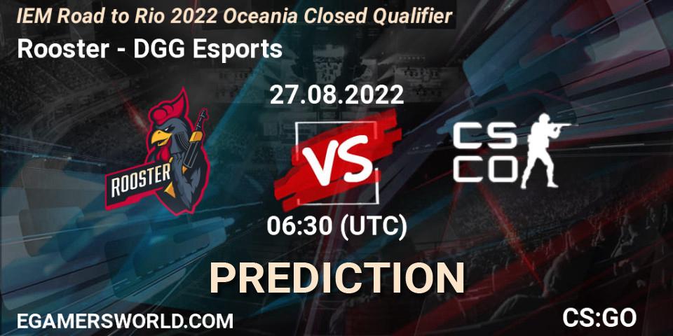 Rooster vs DGG Esports: Betting TIp, Match Prediction. 27.08.2022 at 06:30. Counter-Strike (CS2), IEM Road to Rio 2022 Oceania Closed Qualifier