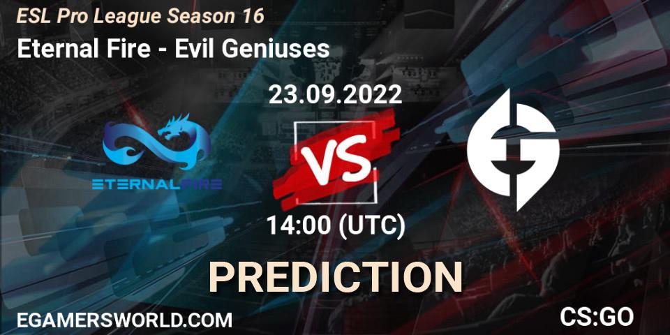 Eternal Fire vs Evil Geniuses: Betting TIp, Match Prediction. 23.09.2022 at 14:00. Counter-Strike (CS2), ESL Pro League Season 16