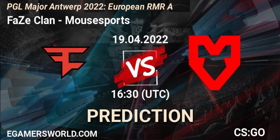 FaZe Clan vs Mousesports: Betting TIp, Match Prediction. 19.04.2022 at 15:05. Counter-Strike (CS2), PGL Major Antwerp 2022: European RMR A
