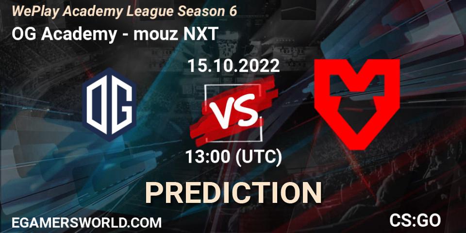 OG Academy vs mouz NXT: Betting TIp, Match Prediction. 15.10.2022 at 13:00. Counter-Strike (CS2), WePlay Academy League Season 6