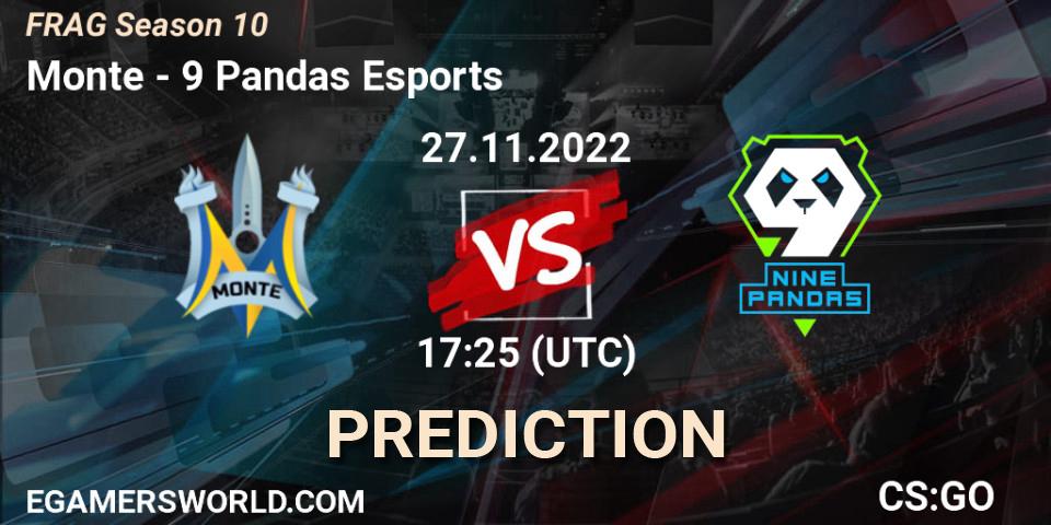 Monte vs 9 Pandas Esports: Betting TIp, Match Prediction. 27.11.2022 at 17:20. Counter-Strike (CS2), FRAG Season 10