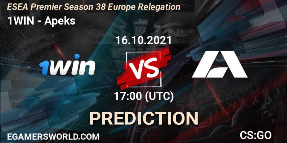 1WIN vs Apeks: Betting TIp, Match Prediction. 16.10.2021 at 17:00. Counter-Strike (CS2), ESEA Premier Season 38 Europe Relegation