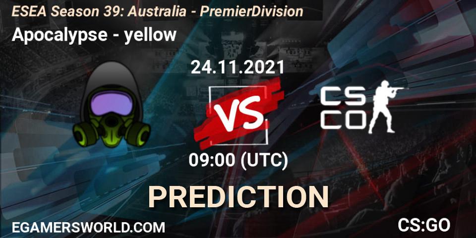 Apocalypse vs yellow: Betting TIp, Match Prediction. 24.11.2021 at 09:00. Counter-Strike (CS2), ESEA Season 39: Australia - Premier Division