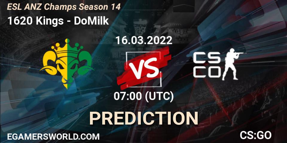 1620 Kings vs DoMilk: Betting TIp, Match Prediction. 16.03.2022 at 07:10. Counter-Strike (CS2), ESL ANZ Champs Season 14