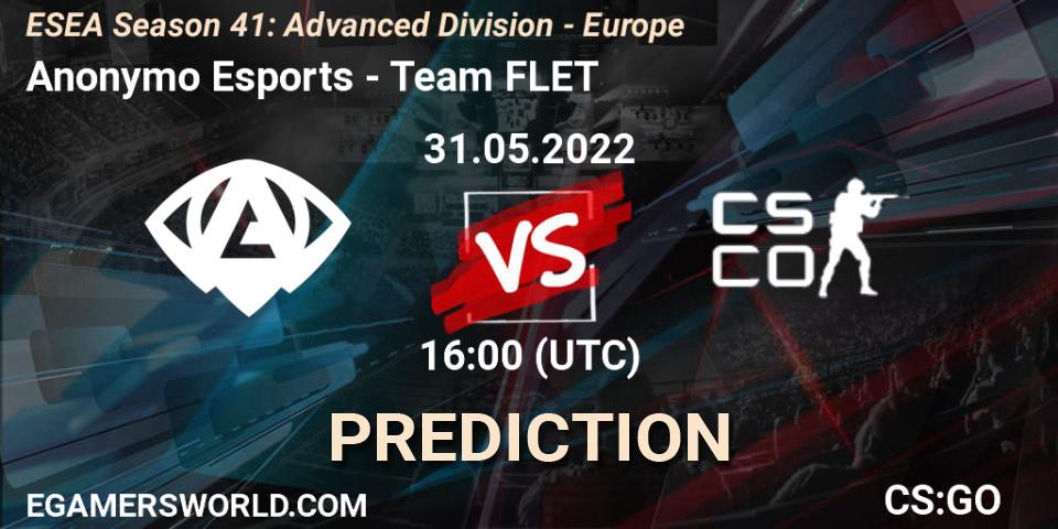 Anonymo Esports vs Team FLET: Betting TIp, Match Prediction. 31.05.2022 at 16:00. Counter-Strike (CS2), ESEA Season 41: Advanced Division - Europe