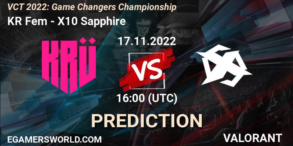 KRÜ Fem vs X10 Sapphire: Betting TIp, Match Prediction. 17.11.2022 at 18:00. VALORANT, VCT 2022: Game Changers Championship