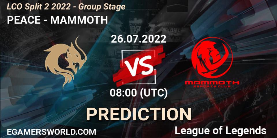 PEACE vs MAMMOTH: Betting TIp, Match Prediction. 26.07.2022 at 08:00. LoL, LCO Split 2 2022 - Group Stage