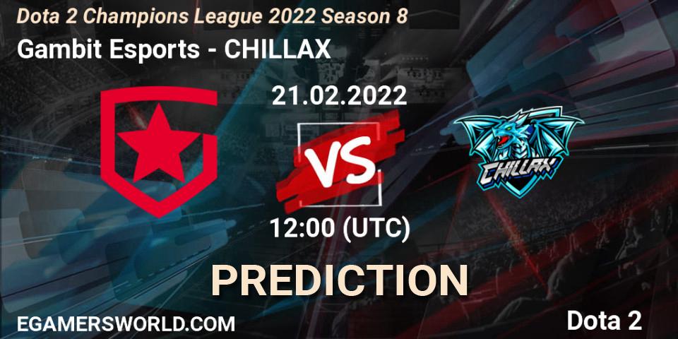 Gambit Esports vs CHILLAX: Betting TIp, Match Prediction. 21.02.2022 at 11:59. Dota 2, Dota 2 Champions League 2022 Season 8