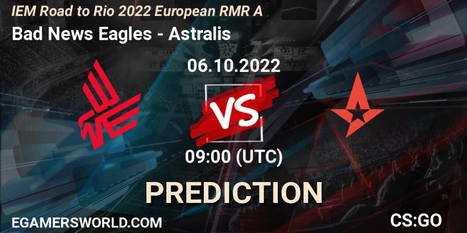 Bad News Eagles vs Astralis: Betting TIp, Match Prediction. 06.10.2022 at 09:00. Counter-Strike (CS2), IEM Road to Rio 2022 European RMR A