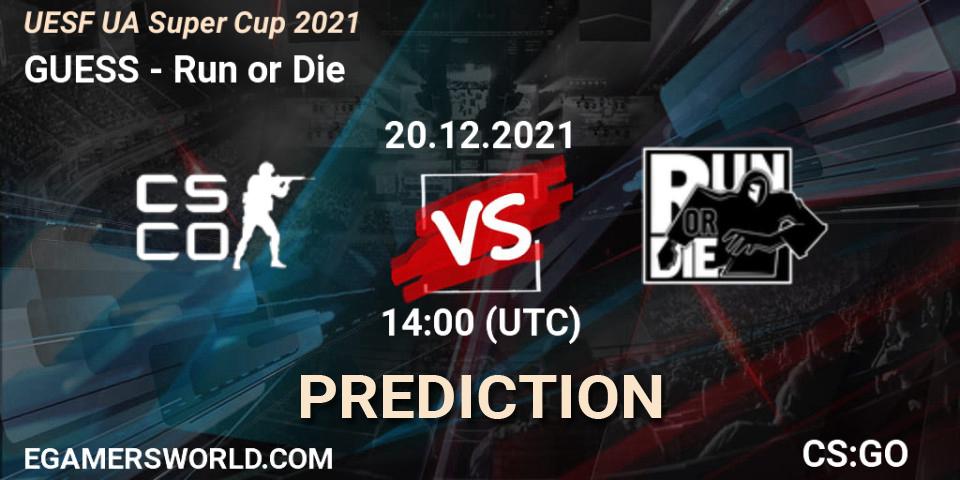 GUESS vs Run or Die: Betting TIp, Match Prediction. 20.12.2021 at 14:00. Counter-Strike (CS2), UESF Ukrainian Super Cup 2021