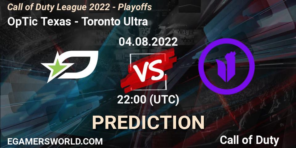 OpTic Texas vs Toronto Ultra: Betting TIp, Match Prediction. 05.08.2022 at 00:20. Call of Duty, Call of Duty League 2022 - Playoffs