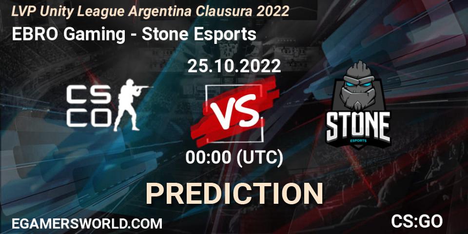 EBRO Gaming vs Stone Esports: Betting TIp, Match Prediction. 25.10.2022 at 01:00. Counter-Strike (CS2), LVP Unity League Argentina Clausura 2022