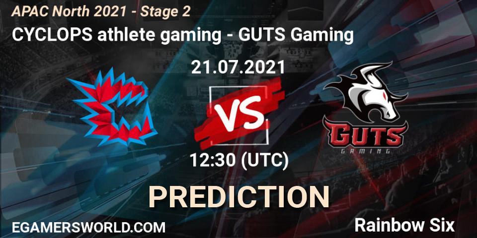 CYCLOPS athlete gaming vs GUTS Gaming: Betting TIp, Match Prediction. 21.07.2021 at 11:50. Rainbow Six, APAC North 2021 - Stage 2