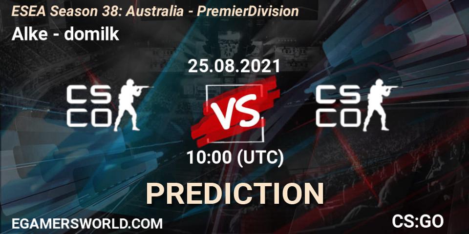 Alke vs domilk: Betting TIp, Match Prediction. 25.08.2021 at 10:00. Counter-Strike (CS2), ESEA Season 38: Australia - Premier Division