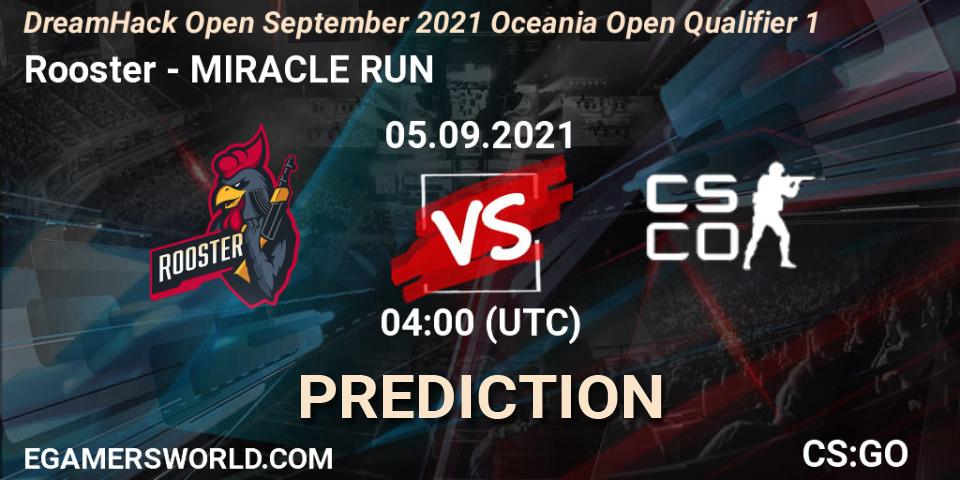 Rooster vs MIRACLE RUN: Betting TIp, Match Prediction. 05.09.2021 at 04:15. Counter-Strike (CS2), DreamHack Open September 2021 Oceania Open Qualifier 1