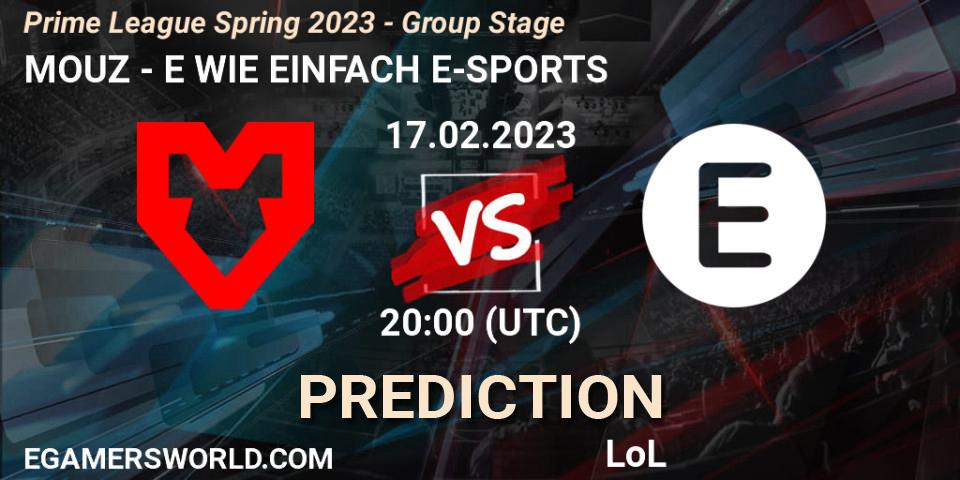 MOUZ vs E WIE EINFACH E-SPORTS: Betting TIp, Match Prediction. 17.02.2023 at 21:00. LoL, Prime League Spring 2023 - Group Stage