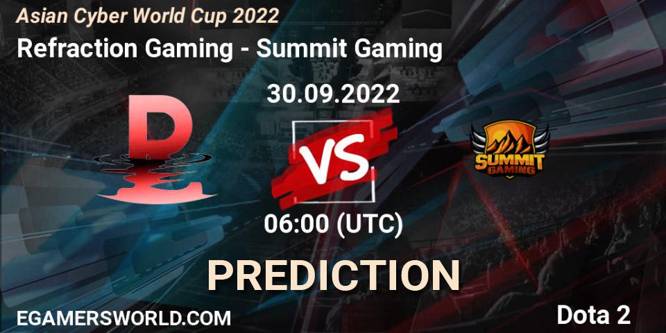 Refraction Gaming vs Summit Gaming: Betting TIp, Match Prediction. 30.09.2022 at 06:07. Dota 2, Asian Cyber World Cup 2022