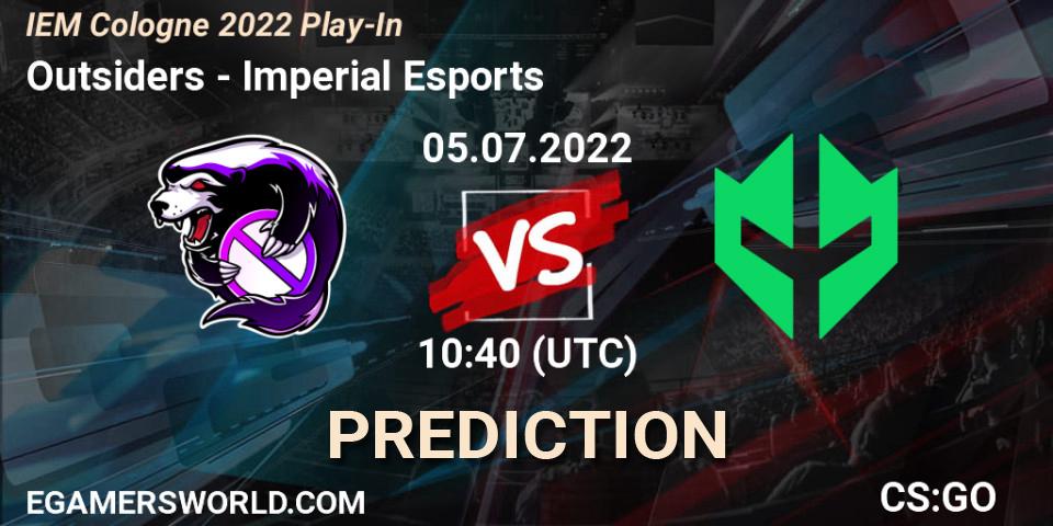 Outsiders vs Imperial Esports: Betting TIp, Match Prediction. 05.07.2022 at 10:40. Counter-Strike (CS2), IEM Cologne 2022 Play-In