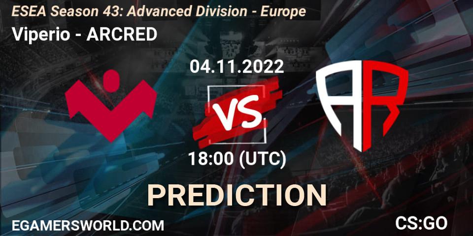 Viperio vs ARCRED: Betting TIp, Match Prediction. 04.11.2022 at 18:00. Counter-Strike (CS2), ESEA Season 43: Advanced Division - Europe