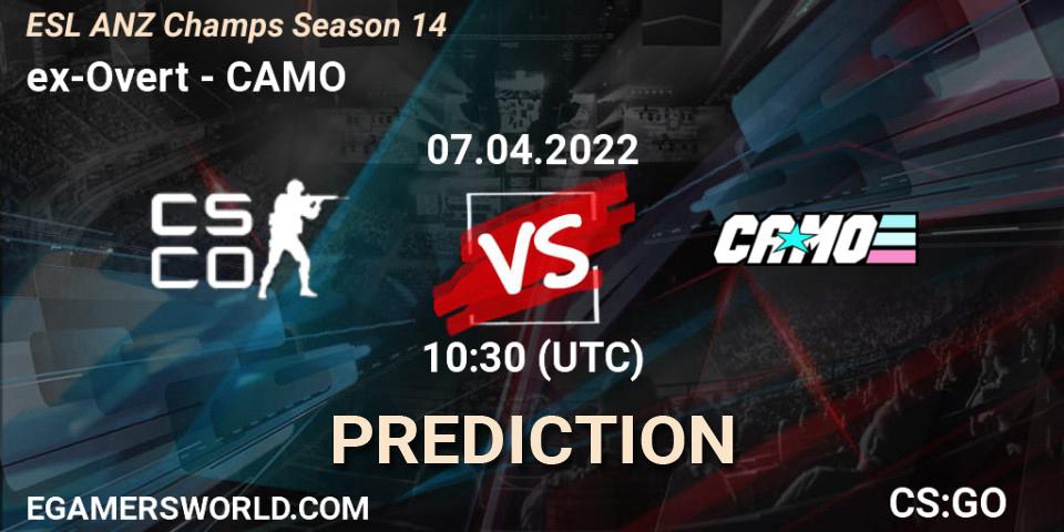 ex-Overt vs CAMO: Betting TIp, Match Prediction. 07.04.2022 at 11:15. Counter-Strike (CS2), ESL ANZ Champs Season 14