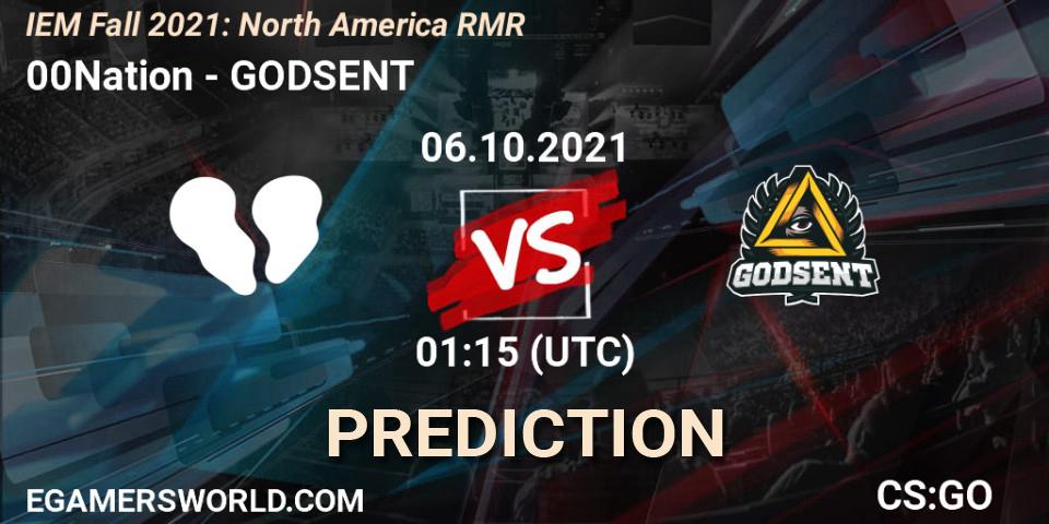 00Nation vs GODSENT: Betting TIp, Match Prediction. 06.10.2021 at 01:45. Counter-Strike (CS2), IEM Fall 2021: North America RMR