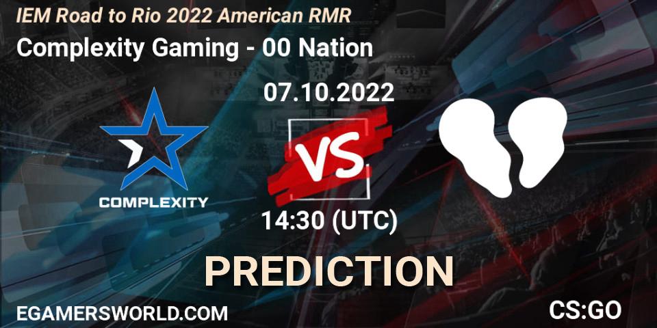 Complexity Gaming vs 00 Nation: Betting TIp, Match Prediction. 07.10.2022 at 14:30. Counter-Strike (CS2), IEM Road to Rio 2022 American RMR